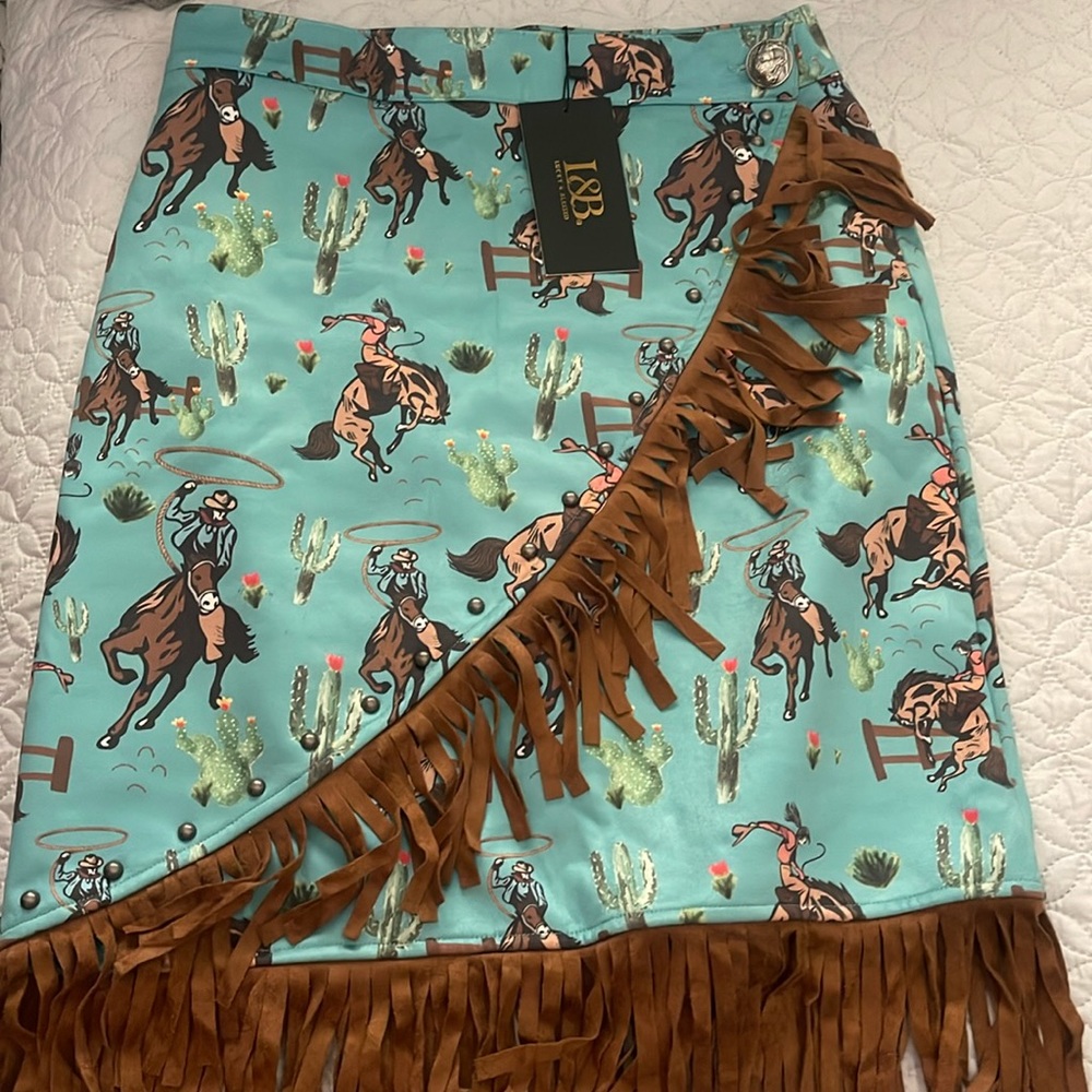 New Western turquoise rodeo  cowboy skirt with fringe
